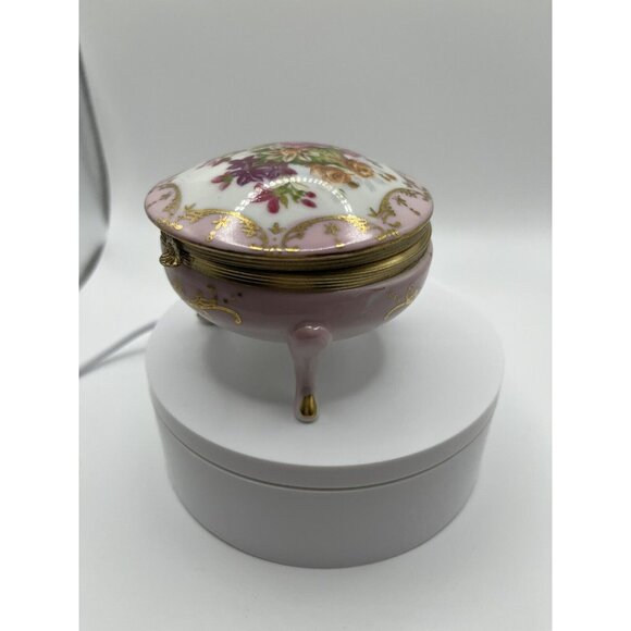 Porcelain Hand Painted Trinket Box Hinged Lid 4 Pedestal Legs Pink Floral VTG - Picture 2 of 16